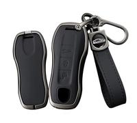 TECART for Porsche Leather Key Fob Cover Metal Key Case Protection Shell Fit For Cayenne 911 Taycan Panamera Key Cover, Long-black