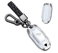 TECART for Tesla Metal Key Fob Cover Compatible with Tesla Model S/3/Y Leather key Protection Case Smart Remote Accessory, A Leather-keychain-white