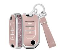 TECART Key Ring Fits Honda City Civic Crider CR-V Vezel HR-V XRV Accord Jazz Jade Marina Insight TPU Smart Car Key Case 3 Buttons Bling Key Cover Women's Key Protector-A Pink