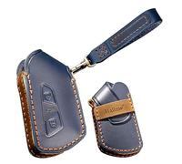 TECART Leather Key Fob Cover Fit for VW Golf 8 Tarraco Ateca Keychain Remote Key Case Key Housing Protector 3 Button Blue