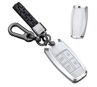 TECART Leather Smart Key Fob Case Shell Fit for Genesis GV70 G70 G90 Metal Keychain Key Bag Car Accessories 4 Button, A Leather-keychain-white