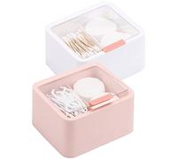 Tecbeauty 2pcs Qtips Holder - Middle Divider Cotton Pads Storage Dispenser Bathroom Organizer with Clear Hinged Lids for Cotton Balls Swabs Rounds-White & Pink