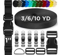 TECEUM 25mm Nylon Strap Kit with Buckles, 5m Black Fabric Tape | Heavy duty DIY sewing kit: 1" webbing (6yds), 6 quick release buckles, 12 tri-glide slide clips, 6 metal D-rings for craft