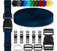 TECEUM 25mm Nylon Strap Kit with Buckles, 5m Navy Blue Fabric Tape | Heavy duty DIY sewing kit: 1" webbing (6yds), 6 quick release buckles, 12 tri-glide slide clips, 6 metal D-rings for craft
