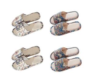 Teceyfeet Washable Guest Slippers Set, 4 Pairs Unisex Linen Slippers Set, Ethnic Guest Slippers, Non-Slip Slippers, Ideal for Guests, Family, Hotel, Travel, Open Toe 2 Blue L Xl 2 Beige S M, 5.5 UK