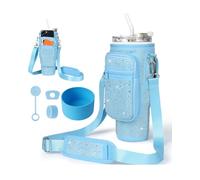 TECFUN CarryNext Water Bottle Carrier Bag with Phone Pocket for Stanley, Neoprene Water Bottle Holder Pouch with Adjustable Strap Bollus with Straw Cover & Carabiner Accessories (Diamond-Blue, 40OZ)