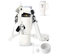 TECFUN Water Bottle Carrier Bag with Phone Pocket for Stanley, Neoprene Water Bottle Holder Pouch with Adjustable Strap Bollus with Straw Cover & Carabiner for Stanley Cup Accessories (White, 40OZ)