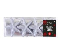 Tech Island Christmas Glitter Stars 4 Pack Tree Topper Glittered Design Shatterproof Christmas Tree Decoration, Glitter Star Baubles (Silver)