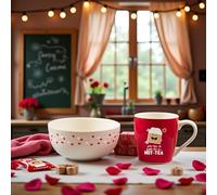 Tech Island Coffee Mug Soup Bowl Valentine's Breakfast in Bed Ceramic Mug and Bowl Set, Heart Design, Red and White, 500ml Mug Gift Set