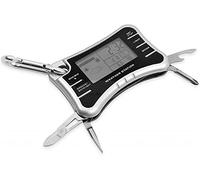 TechAffect Multi Tool Keyring Carabiner Watch Travelling Alarm Clock -Digital Thermometer Camping Accessories UK - for Walkers, Hikers or Bug Out Bag Survival Kit - Small Silver