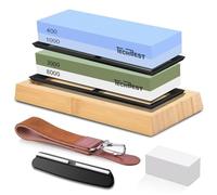 TechBest Knife Sharpening Stone Set - Dual Grit 400/1000 3000/8000 Whetstone Knife Sharpener Kit with Non-Slip Rubber Base, Angle Guide, Flattening Stone, and Leather Strop