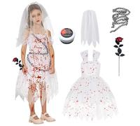TECHEEL Zombie Costume Girls Horror Zombie Bride Costume Kids Halloween Costume Zombies Horror Bride Costume White for Halloween Party, Carnival and Cosplay