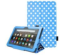 TECHGEAR Case Designed For All-New Amazon Fire 7" (12th Generation / 2022 Release) PU Leather Slim Folio Stand Case Cover with Hand Strap [Blue Polka Dot] with Auto Wake/Sleep