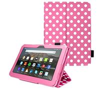 TECHGEAR Case Designed For All-New Amazon Fire 7" (12th Generation / 2022 Release) PU Leather Slim Folio Stand Case Cover with Hand Strap [Pink Polka Dot] with Auto Wake/Sleep