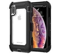 TECHGEAR Contender Case for iPhone XS, iPhone X, Heavy Duty Shockproof [Tough Armour] Case with Built-in Screen Protector, 360 [Full Body] Protective Cover with Kick Stand and Holster, Black/Clear