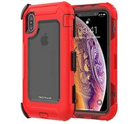 TECHGEAR Contender Case for iPhone XS, iPhone X, Heavy Duty Shockproof [Tough Armour] Case with Built-in Screen Protector, 360 [Full Body] Protective Cover with Kick Stand and Holster, Red/Smoke