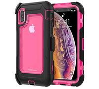 TECHGEAR Contender Case for iPhone XS, iPhone X, Heavy Duty Shockproof [Tough Armour] Case with Built-in Screen Protector, 360 [Full Body] Protective Cover with Kick Stand and Holster, Black/Pink