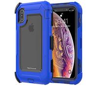TECHGEAR Contender Case for iPhone XS, iPhone X, Heavy Duty Shockproof [Tough Armour] Case with Built-in Screen Protector, 360 [Full Body] Protective Cover with Kick Stand and Holster, Blue/Smoke