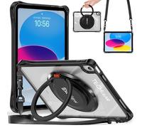 TECHGEAR ExoView Black Business iPad Case for iPad 11 inch A16 2025 & 10.9 inch 10th Gen 2022, Rugged 360 Rotating Stand, Ring Grip, Shoulder Strap, Pencil Holder, Shockproof Clear Back