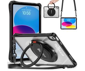 TECHGEAR ExoView Black Case for iPad 11" A16 (11th Gen 2025) & 10.9" (10th Gen 2022), Rugged Clear Back Case with 360 Stand, Ring Grip, Shoulder Strap, Pencil Holder, Shockproof Business-Ready Design