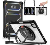TECHGEAR ExoView Case for Apple iPad Pro 11" (M5 2025 & M4 2024) Tough Slim Shockproof Clear Protective Case with 360 Rotating Stand, Ring Grip Hand Holder and Shoulder Strap - Black