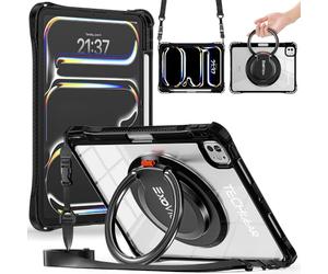 TECHGEAR ExoView Case for Apple iPad Pro 11" (M5 2025 & M4 2024) Tough Slim Shockproof Clear Protective Case with 360 Rotating Stand, Ring Grip Hand Holder and Shoulder Strap - Black