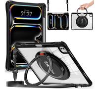 TECHGEAR ExoView Case for Apple iPad Pro 13" 2024 (M4), Tough Rugged Slim Shockproof Clear Case with Stand, 360 Rotating Ring Grip Hand Holder and Shoulder Strap - Black