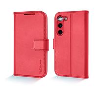 TECHGEAR Galaxy S23 Leather Wallet Case, Genuine Leather Magnetic Flip [RFID Blocking] Case with Shockproof TPU, Card Slots, Stand Folio Cover Compatible with Samsung Galaxy S23 5G, Red