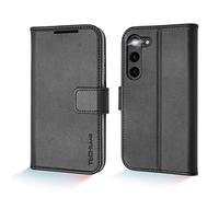 TECHGEAR Galaxy S23 Leather Wallet Case, Genuine Leather Magnetic Flip [RFID Blocking] Case with Shockproof TPU, Card Slots, Stand Folio Cover Compatible with Samsung Galaxy S23 5G, Black