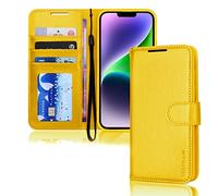TECHGEAR iPhone 14 Leather Wallet Case, Flip Protective Case Cover with Wallet Card Holder, Stand and Wrist Strap - Yellow PU Leather with Magnetic Closure for iPhone 14 6.1"