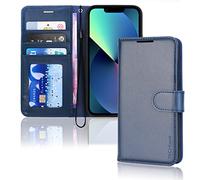(Blue) iPhone 14 Plus Leather Wallet Case, Flip Protective Case Cover with Wallet Card Holder, Stand and Wrist Strap - PU Leather with Magnetic Closure