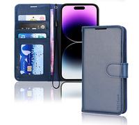TECHGEAR iPhone 14 Pro Leather Wallet Case, Flip Protective Case Cover with Wallet Card Holder, Stand and Wrist Strap - Blue PU Leather with Magnetic Closure Designed for iPhone 14 Pro 6.1"