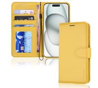 TECHGEAR iPhone 15 Leather Wallet Case, Flip Protective Case Cover with Wallet Card Holder, Stand and Wrist Strap - Yellow PU Leather with Magnetic Closure for iPhone 15 6.1"