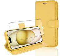 TECHGEAR iPhone 15 Leather Wallet Case [& Glass Screen Protector] Flip Case Cover with Wallet Card Holder, Magnetic Closure, Stand and Wrist Strap for iPhone 15 6.1" - Yellow