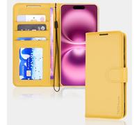 TECHGEAR iPhone 16 Leather Wallet Case, Protective Flip Case Cover with [RFID BLOCKING] Wallet Card Holder, Stand and Wrist Strap - Yellow PU Leather with Magnetic Closure for iPhone 16 6.1"
