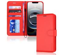 TECHGEAR iPhone 16e / 17e Leather Wallet Case with RFID Blocking, Flip Cover Card Holder, Stand & Wrist Strap - Magnetic Closure Red PU Leather Protective Cover for iPhone 17e / 16e