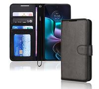 TECHGEAR Moto Edge 30 Leather Wallet Case, Flip Protective Case Cover with Wallet Card Holder, Stand & Wrist Strap, Black PU Leather with Magnetic Clasp Designed For Motorola Moto Edge 30 5G