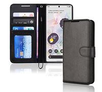 (Black) Pixel 6 Leather Wallet Case, Flip Protective Case with Wallet Card Holder, Stand and Wrist Strap - PU Leather with Magnetic Closure For Google Pixel 6