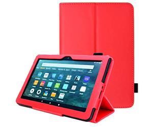 TECHGEAR Smart Case Designed For All New Amazon Fire HD 8" / HD 8" Plus (2020 / 10th Generation) Slim PU Leather Folio Smart Stand Case Cover with Hand Strap with Auto Wake/Sleep [Red]