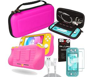 TECHGEAR Switch Lite Accessory Bundle - Case and Screen Protector for Nintendo Switch Lite, Hard Protective Carry Travel & Storage Case Cover, Ergo Grip Case, 2x Tempered Glass & 2m USB Cable [PINK]
