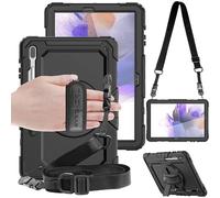 TECHGEAR UTILITY Case fits Samsung Galaxy Tab S7 FE 12.4" (SM-T730 / SM-T736) Tough Rugged HEAVY DUTY Armour Shockproof Impact Case with 360 Rotating Stand, Hand Strap and Shoulder Strap - Black