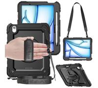 TECHGEAR Utility Rugged Case for iPad Air 11" 2026 (M4), 2025 (M3), 2024 (M2) - Heavy Duty Shockproof Cover with 360 Rotating Stand, Hand Strap, Shoulder Strap + 2 Front Frames (Protector/No) - Black