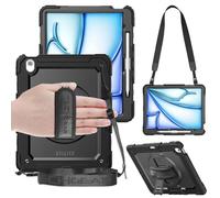 TECHGEAR Utility Rugged Case for iPad Air 13" 2026 (M4), 2025 (M3), 2024 (M2) - Heavy Duty Shockproof Cover with 360 Rotating Stand, Hand Strap, Shoulder Strap + 2 Front Frames (Protector/No) - Black