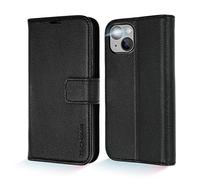 (Black) TECHGEAR Wallet Case for iPhone 14 Plus, Genuine Leather Magnetic Flip [RFID Blocking] Case with Shockproof TPU Holder, Card Slots, Stand Folio Cover