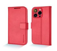 TECHGEAR Wallet Case for iPhone 15 Pro Max, Genuine Leather Magnetic Flip [RFID Blocking] Case with Shockproof TPU, Card Slots, Stand Folio Cover Compatible with iPhone 15 Pro Max 6.7" 2023, Red
