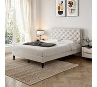 Techigher Double Bed Frame, Velvet Upholstered Bed Frame with Adjustable Button-tufted Riveted Headboard, Double Platform Bed, Solid Wood Slat, No Box Spring Needed Beige Double