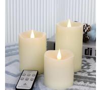 TECHLONG Flameless Candles Battery Operated with Remote Timer, 3D Moving Flame Flickering, Last 600+ Hours Battery Candles, Set of 3 Ivory Real Wax Electric LED Candle for Wedding Party Decor