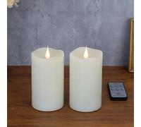 TECHLONG Flameless Candles with Remote Timers, 3D Moving Flickering Flame Battery Operated Candles Lasting 1000+ Hours, 3" x 5" Ivory Real Wax Electric LED Pillar Candles, Set of 2