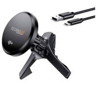 Technaxx Magnetic Car Charger 15W, Qi2 Car Mount Charger TX-323, Air Vent Phone Holder with Metal Ring, USB-A to USB-C Cable - Fast Wireless Charging for iPhone 12+ & Qi-Enabled Phones