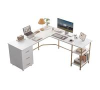 Techni Mobili L Shaped Desk - Two-Toned Computer Desk with Drawers & Storage Shelves - Simple Modern Furniture & Home Office Space Corner Table for Work & Writing